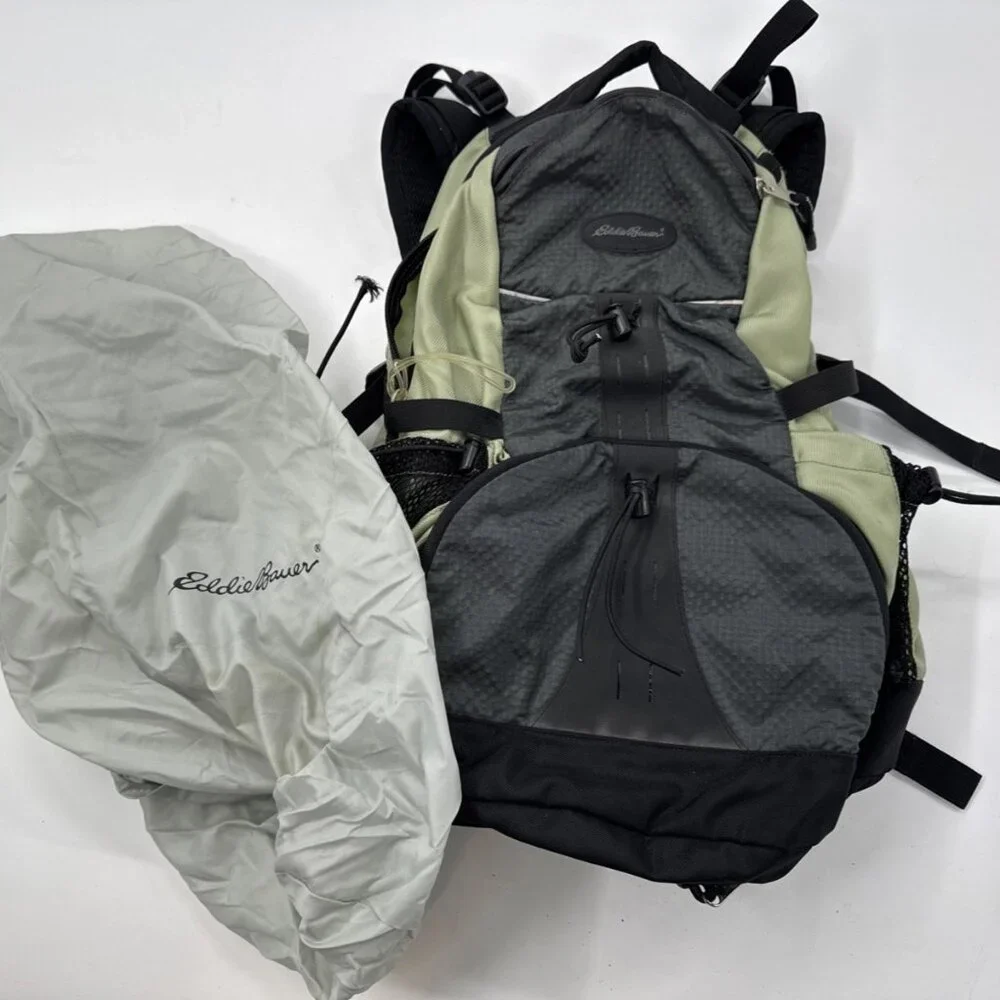 Eddie Bauer Backpack Hiking Black Green Insulated Pocket School Travel w/ Cover